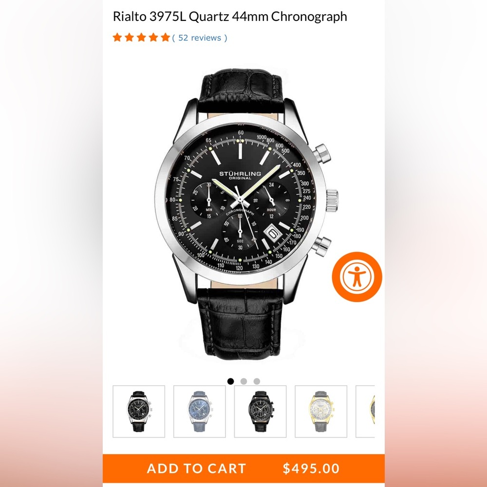 Stührling Original Black Chronograph Watch